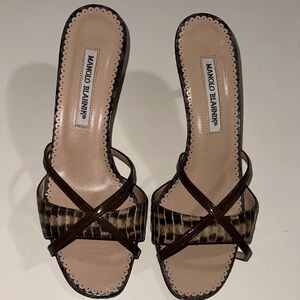 Manolo Blahnik Brown and Animal Print 50mm Strappy Heels